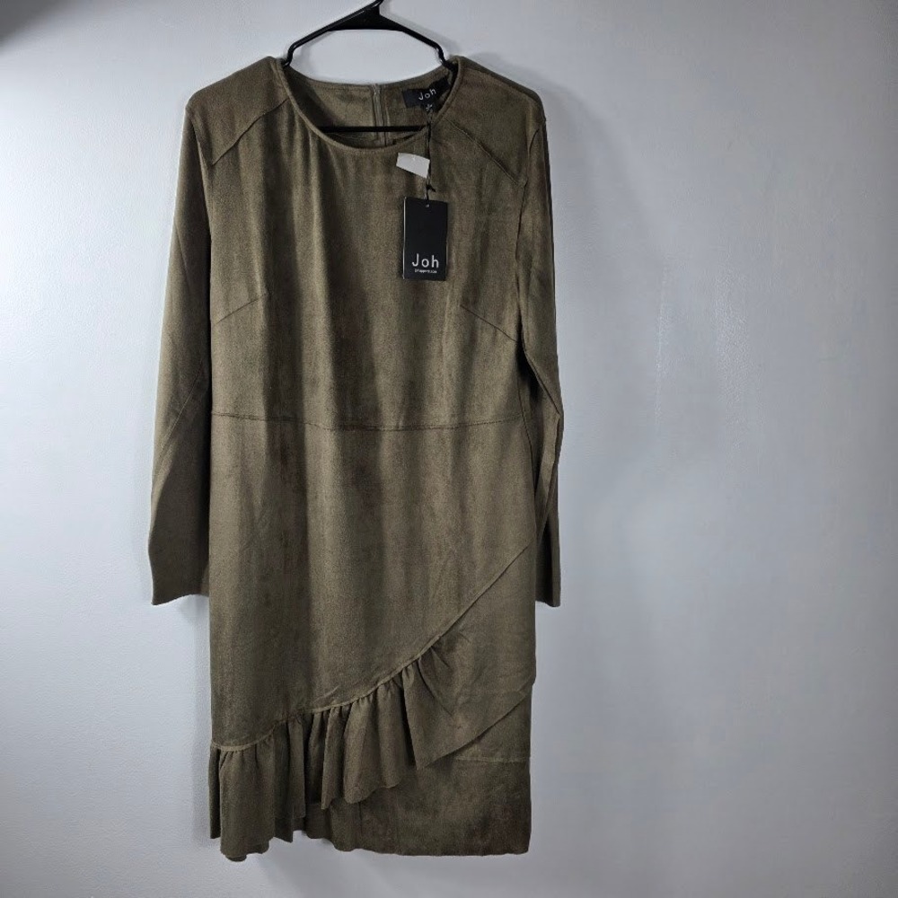 Joh‎ Faux Suede Long Sleeve Dress SZ L Olive Green Ruffle Hem Bohemian